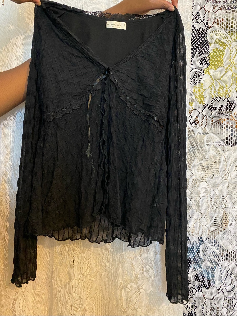 Lace-Trim V-Neck Black Sheer Women's Top
